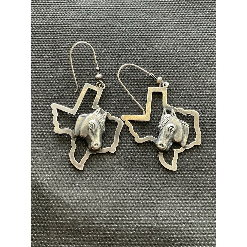Vintage 925 Sterling Silver Texas State Horse Head Dangle Earrings Western